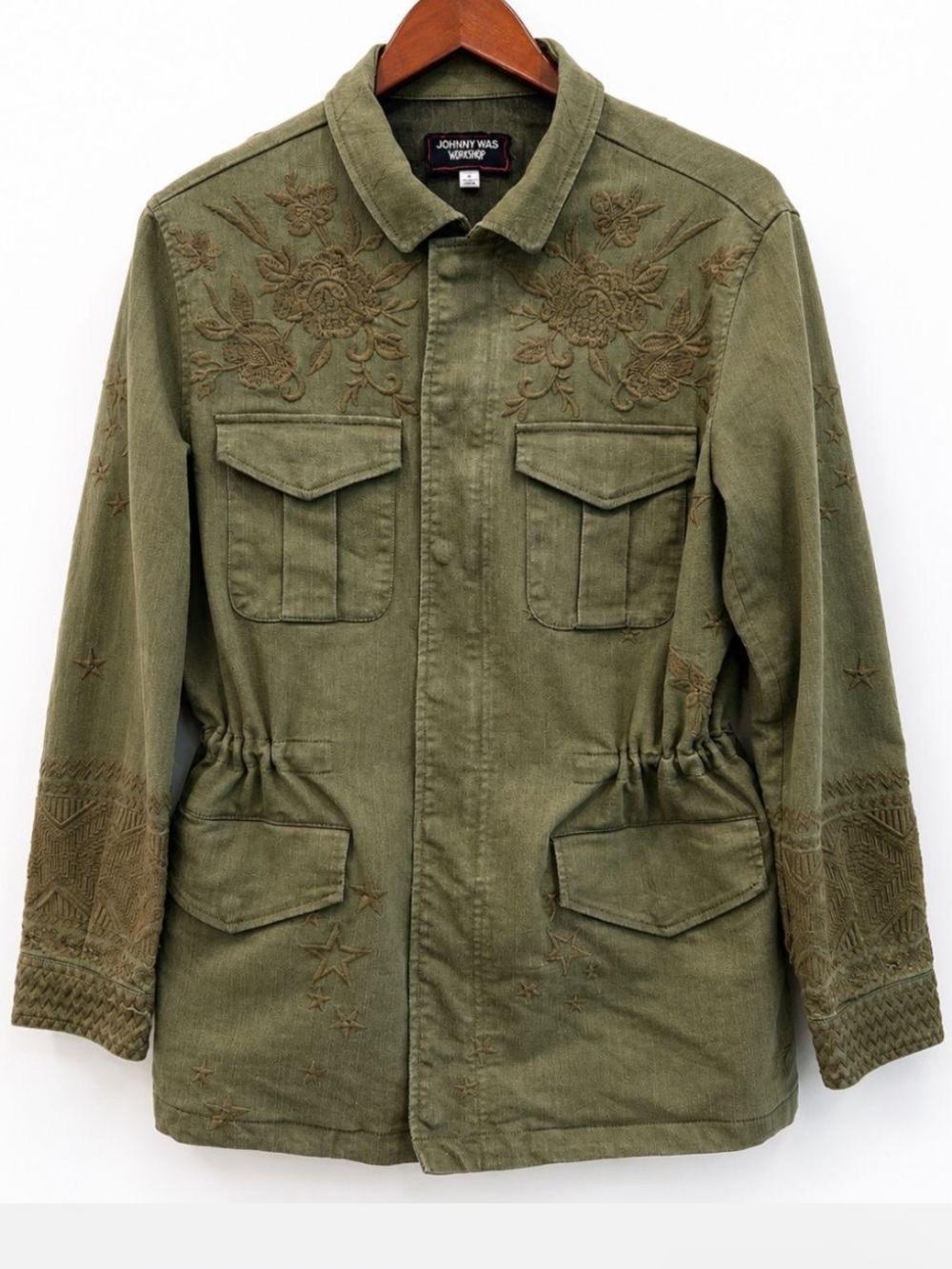 Johnny Was Boho Embroidered Floral Jacket Military Olive Green Floral Size S